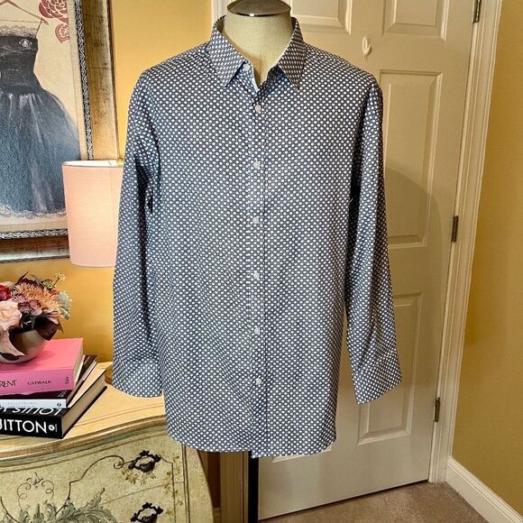 NWOT Men's English Laundry Navy White Patterned Button Front Shirt Size XL - Picture 1 of 4